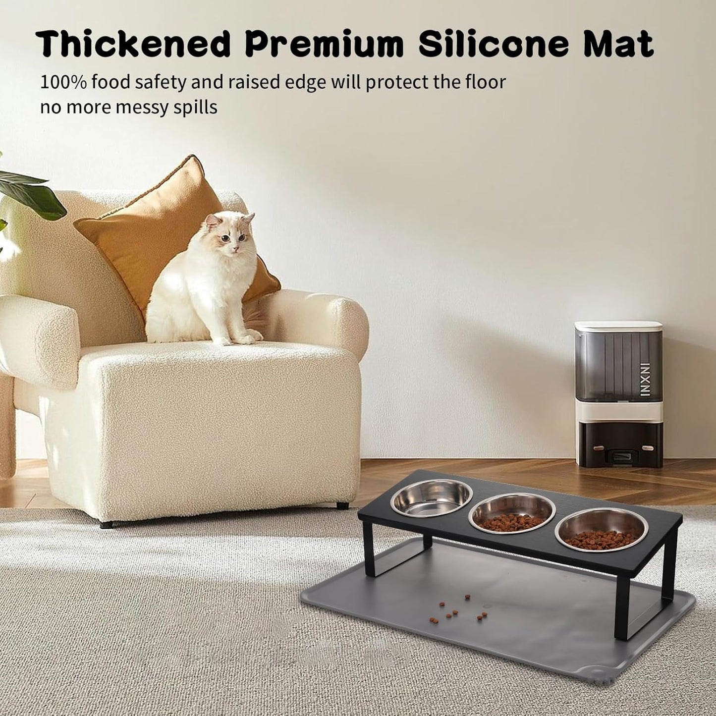 Upgraded Elevated Cat Bowls with Food Mat,15°Tilted Stand Anti Vomiting Raised Cat Dishes for Food and Water,2 Stainless Steel Bowls for Cats and Puppy