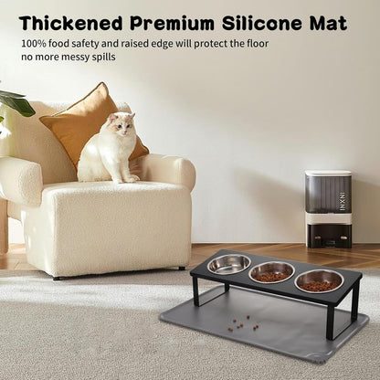 Upgraded Elevated Cat Bowls with Food Mat,15°Tilted Stand Anti Vomiting Raised Cat Dishes for Food and Water,2 Stainless Steel Bowls for Cats and Puppy
