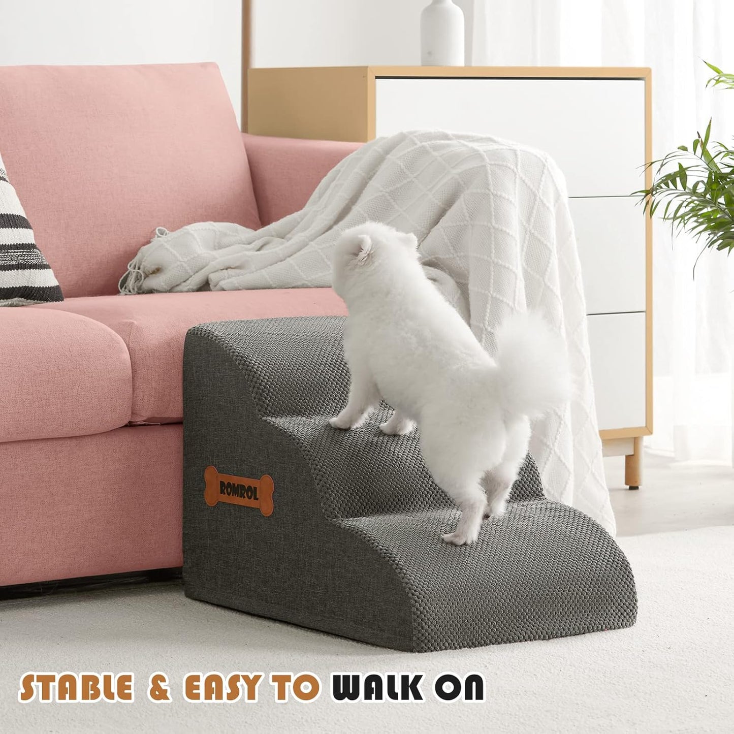 Dog Stairs, Romrol Dog Steps Ramp for High Bed and Couch, Dogs Ramp with Durable Non-Slip Waterproof Fabric Cover, Pet Stairs for Small Dogs and Cats or Pets Joints, 4-Tiers,Grey