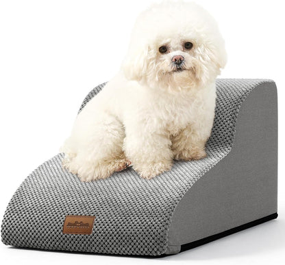 COZY KISS Dog Stairs for Small Dogs 15.7" H, Curved Dog Step for Puppy, Older Cat, Medium Pet Ramp for Sofa, Couch or Chair, Ladder with High Density Foam, 3 Step, 15.7x22.4x15.7 inch, Beige