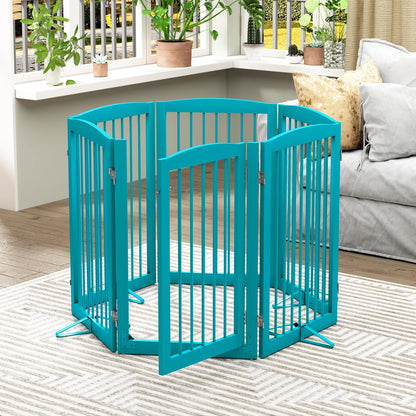 PUPETPO Freestanding Dog Gate with Door, Pet Gate for Stairs, 80 inch Wide Pet Barrier Indoor, Dog Fences Indoor, Support Feet Included, 4 Panels, 24" Tall, Dark Brown