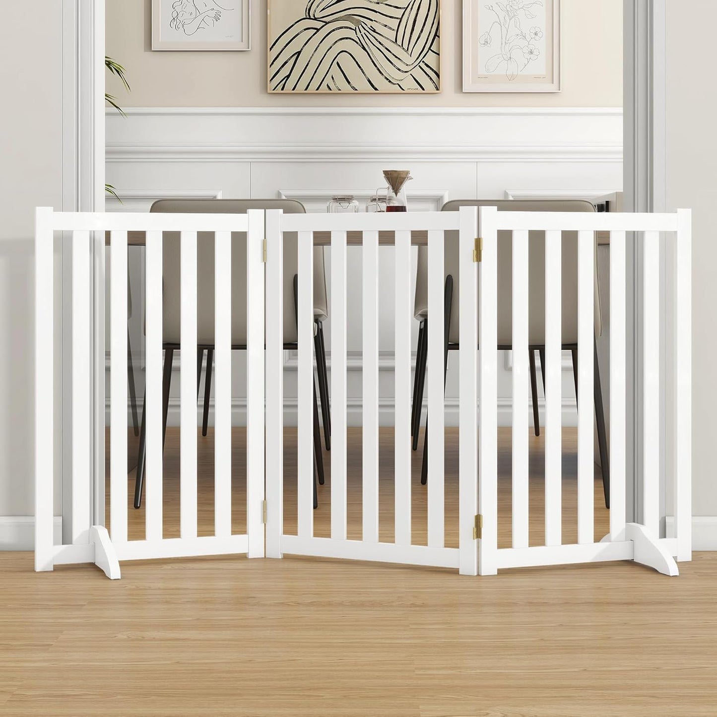 36" Height Extra Tall Freestanding Pet Gate, Solid Wood Folding Safety Fence Wooden Dog Gate with 2 PCs Support Feet Ideal for Stairs, Doorways, Halls, Kitchens, Heavy Duty Gates, 3 Panels, Oak