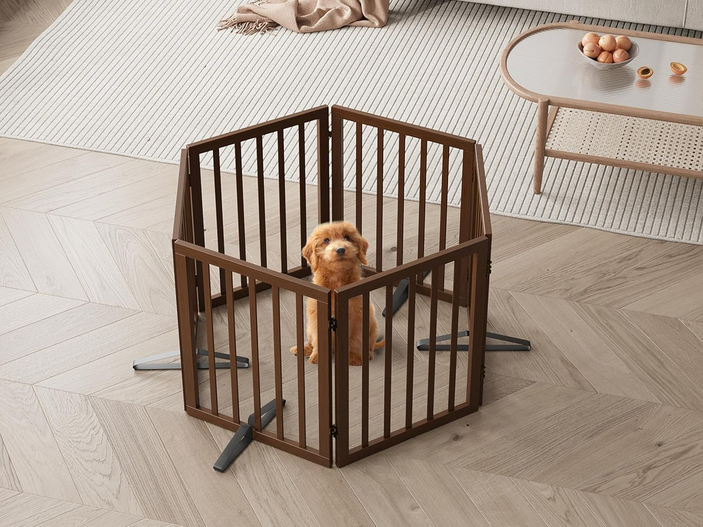 Freestanding Dog Gates Indoor, 3-Panel Pet Gates with 2 Metal Stands and 360° Hinge, 24" H Foldable Dog Gate for Stairs, Doorway, Kitchen, Expands Up to 55" Fully Assembled - Black Walnut