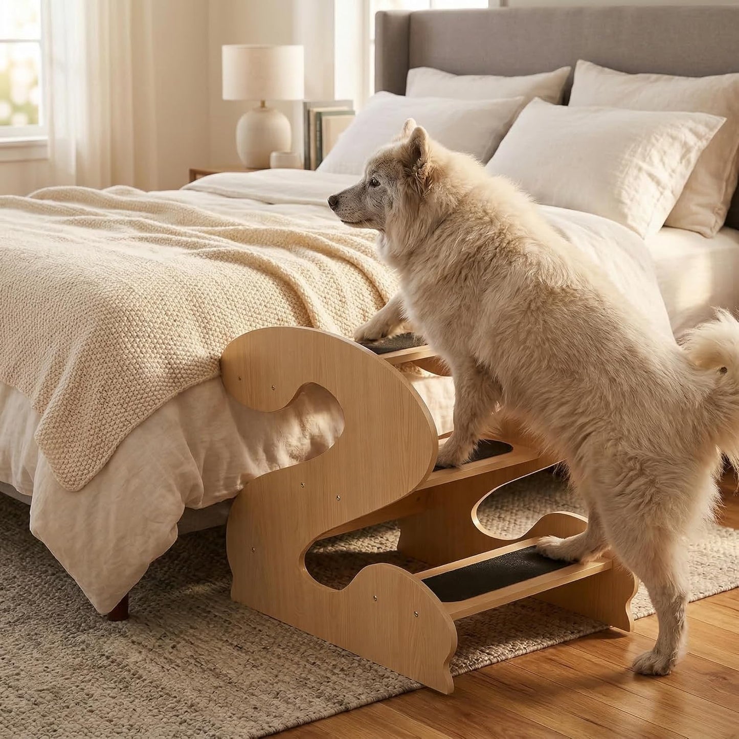 Wooden Dog Stairs Steps for Bed,3Steps,Small or Senior Dogs for Pet LUNDERLAND Design,16¾"Wx23¼Dx19⅜H RedWalnutWood GrainPattern