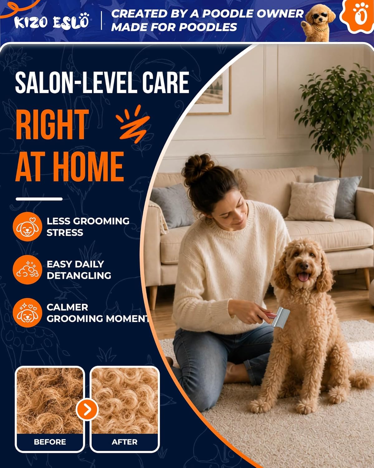 KIZO ESLO Dog Dematting Brush & Undercoat Rake for Doodles, Poodles & Long-Haired Pets, Detangling Comb for Thick Curly Coats, Removes Mats, Knots & Tangles, Stainless Steel Teeth with Wooden Handle