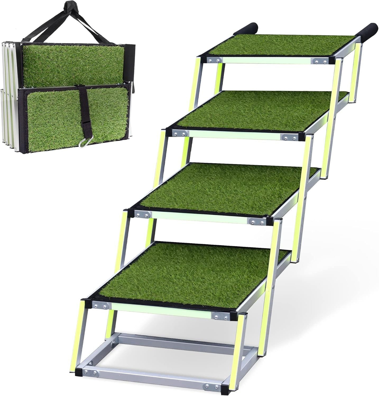 Dog stairs for large dogs PRIORPET - Glow in The Dark Marking - Foldable Dog ramp for Car and Small SUV - Dog steps for Car - Non-Slip Surface - Dog ramps for large dogs - 4 Steps