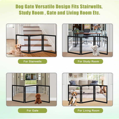 LZRS Clear Dog Gate for Indoor Use - Transparent Pet Fence with Solid Hardwood and Plastic Board, Stylish & Durable freestanding Pet Gate for Doorways, Stairs and Hallways-2 Panel Cherry