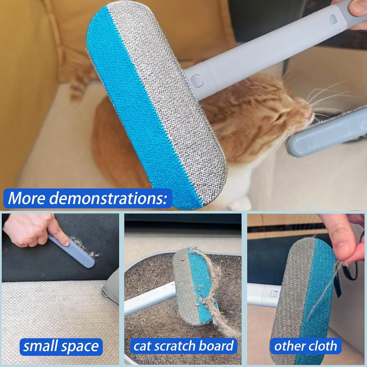 Reusable Pet Hair Remover Brush Cat Dual-Fabric Efficient Pet Hair Removal Tool for Couch, Beds, Carpet Long Handle Cats Hairs Remover Easy Pet Hairs Remove Brush 4 in 1 Kitten Puppy Rabbit Fur Clean