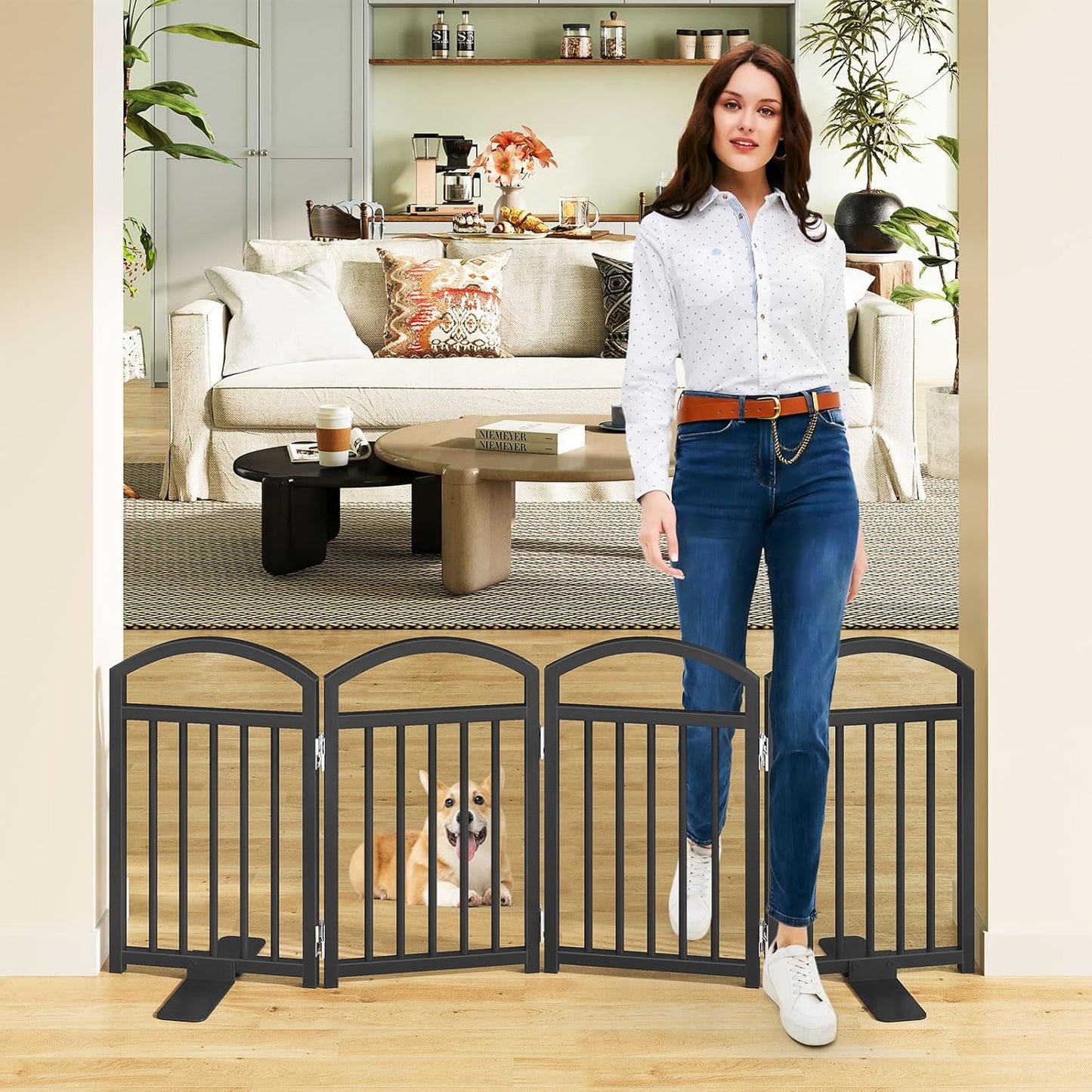 Snughome Short Dog Gate Indoor, 19.69" H Freestanding Small Dog Door Gates with Support Feet, Expands Up to 48" Wide Foldable Pet Gates for Doorway, 4 Panel Folding Pet Door Pet Fence for Puppy, White