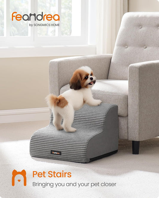 Feandrea 3-Step Dog Stairs, Dog Steps for Bed, Sofa, Waterproof Pet Stairs with Anti-Slip Designs, Gentle Slope, Removable Washable Cover, Handle, Dove Gray UPPS003G01
