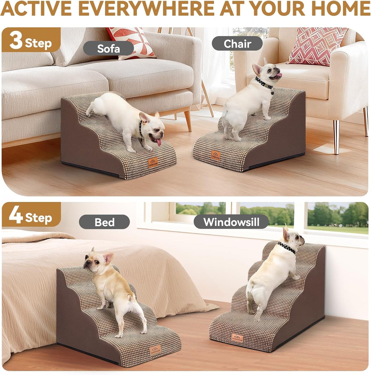 Zerbuger Dog Ramp and Stair for Bed 16" H-20 H,3-Step Cat Stair for Sofa and Chair,4-Step Dog Ramp for High Bed and Window,Durable Nonslip Fabric Cover for Indoor (Coffee-16 H, Pet Friendly, 3)