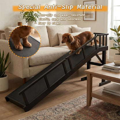 61" Dog Ramp for Bed with Rest Platform & Glow Strips, 20° Gentle Slope, EVA Non-Slip Surface, Removable Safety Rails, Birchwood Solid Wood, for Small, Large & Senior Dogs, Joint Protection, Black