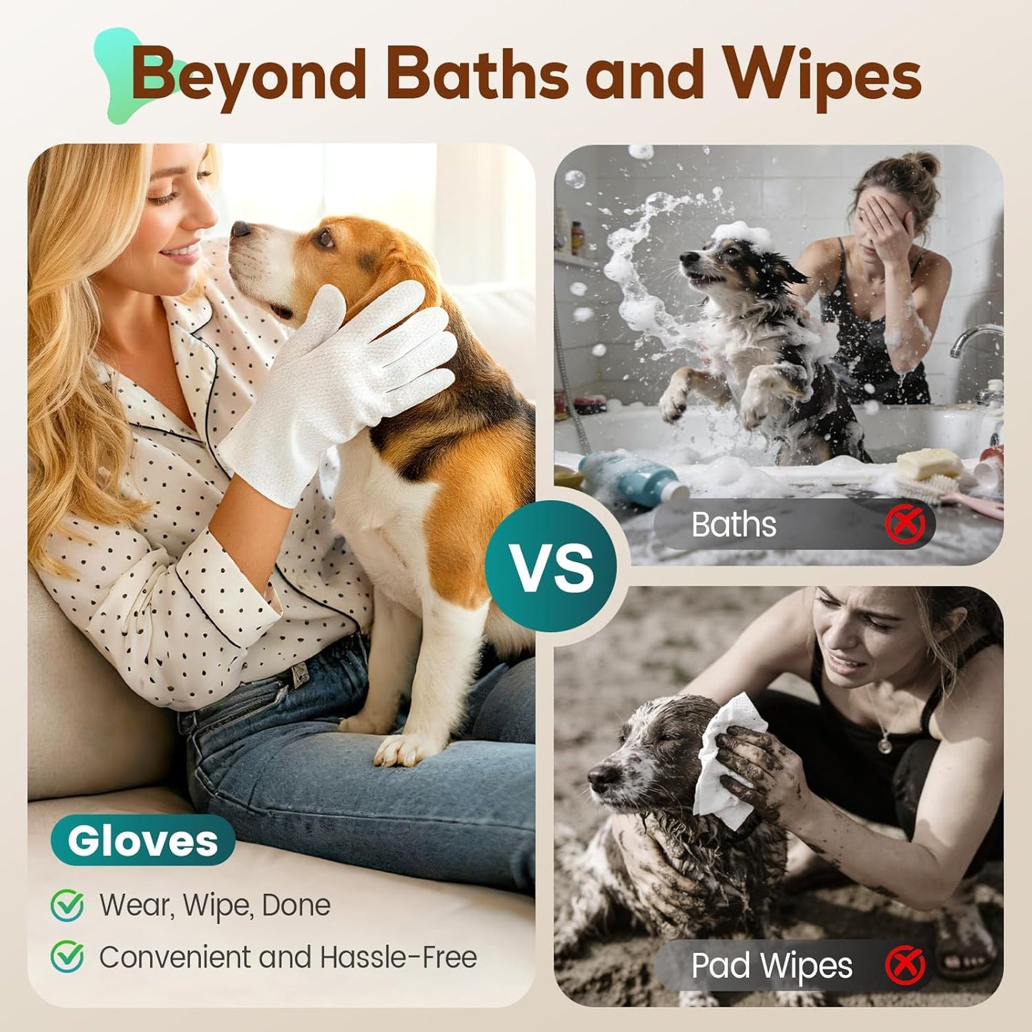 Pet Glove Wipes for Dogs and Cats, No-Rinse Dog Cleaning Gloves, Unscented Thick Glove Wipes for Waterless Cleaning, Daily Care & Travel, 30 Count