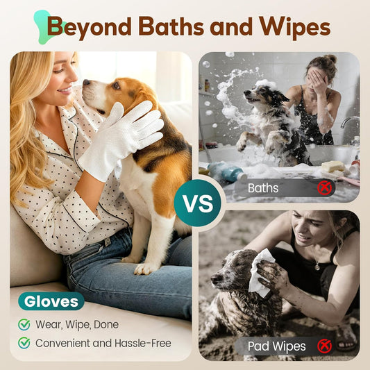 Pet Glove Wipes for Dogs and Cats, No-Rinse Dog Cleaning Gloves, Unscented Thick Glove Wipes for Waterless Cleaning, Daily Care & Travel, 30 Count