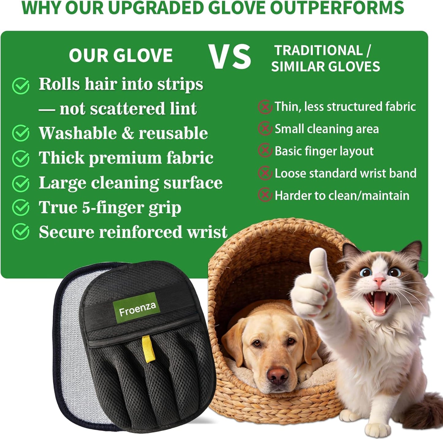 Pet Hair Removal Glove for Dogs & Cats- Upgraded 10mm Thickened Electrostatic Magic Brush- Pet Hair Remover Glove for Couch, Furniture, Clothes, Car & Carpet, Reusable Pet Hair Removal Tool