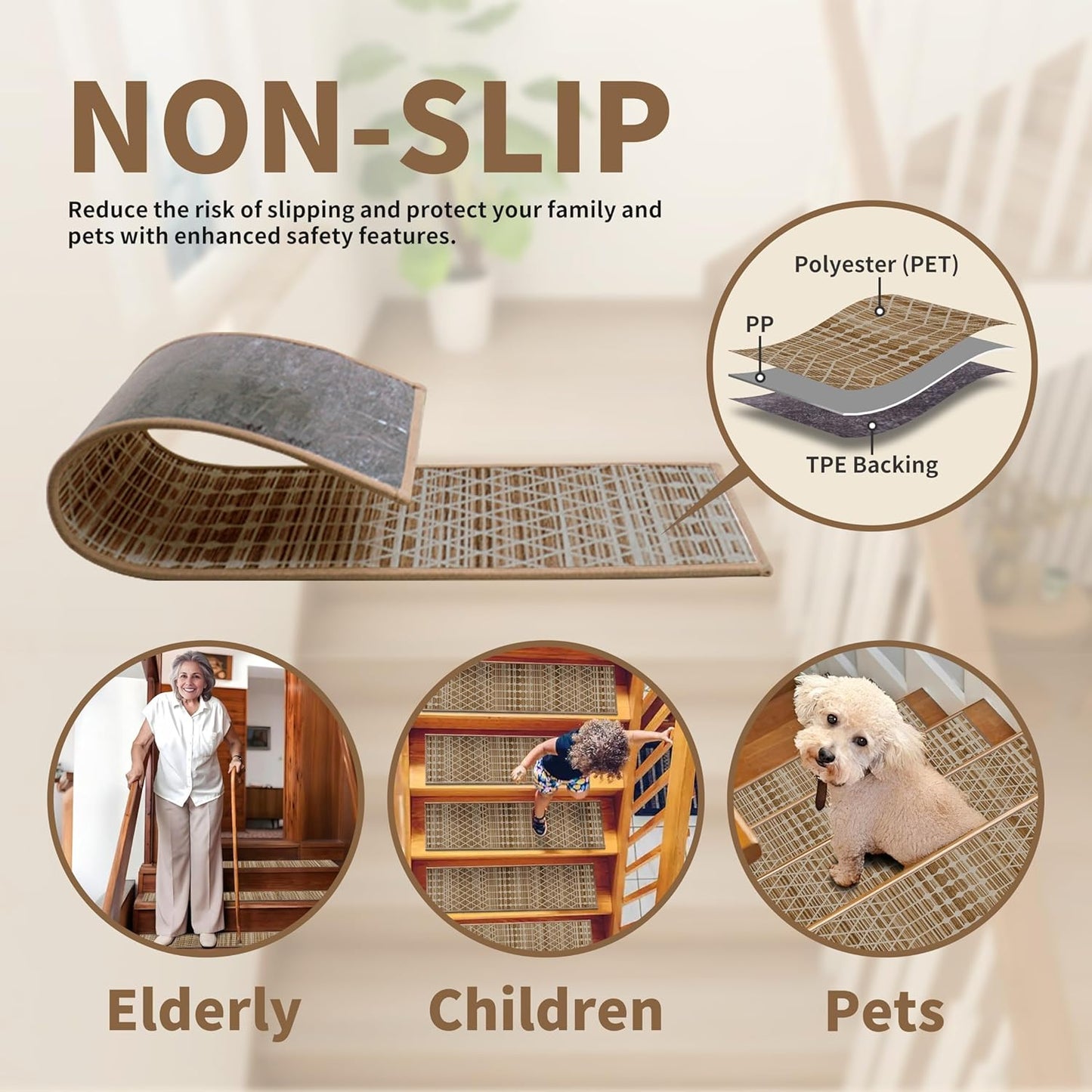 Non-Slip Stair Treads for Wooden Steps 15pcs,8"x30" Stair Carpet Treads for Indoor Use,Peel and Stick Stair Runners,Washable Reusable Adhesive Backing,Pet-Friendly Stair Capet for Kids,Elders,Dogs