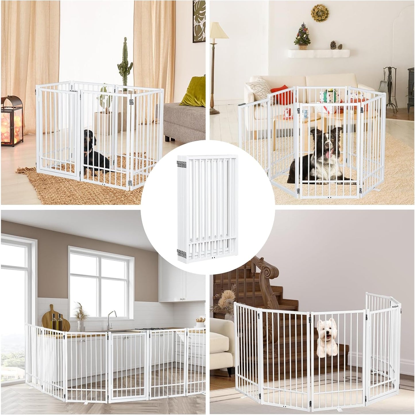 Metal Freestanding Dog Gate with Door, Extra Wide 81", 31" Height Foldable Dog Gates for Doorways, Tall Pet Fence Indoor Pet Gates, 4 Panels Pet Barrier for Stairs Hallways, Black