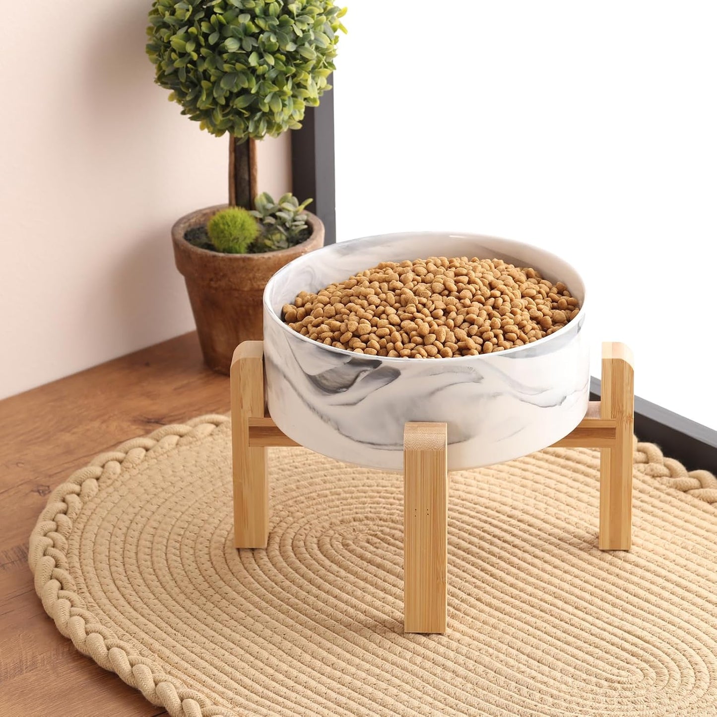 Black Elevated/Raised Dog Bowl Ceramic with Wood Stand for Medium Large Breed,Dog Food Water Dish Heavy Weighted,8 in Non Slip Modern Cute Porcelain Pet Bowl Extra Large