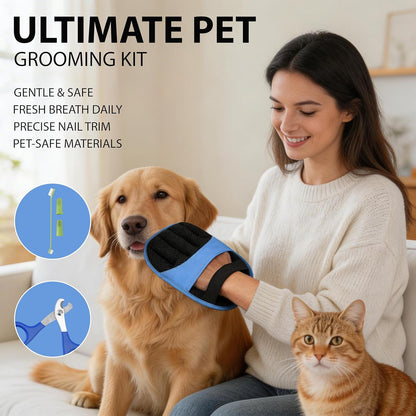 Premium 3-in-1 Pet Grooming Kit - Electrostatic Pet Hair Removal Glove with Safety Nail Scissors & Dual-Ended Toothbrush Set - Gentle Deshedding Mitt for Dogs, Cats & Furniture - All-in-One Care Pack
