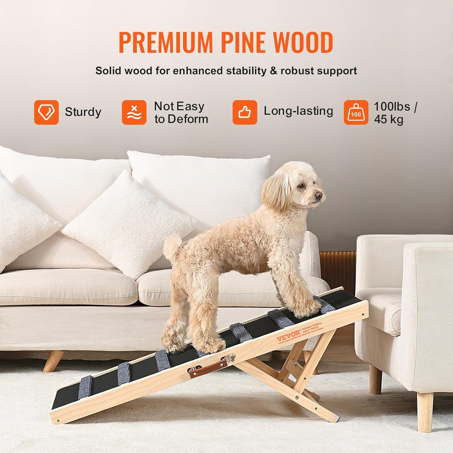 VEVOR Dog Ramp, Folding Pet Ramp for Bed, Adjustable Dog Ramp for Small, Large, Old Dogs & Cats, Wooden Pet Ramp with 39.3" Long Ramp, Adjustable from 15" to 22", Suitable for Couch, Sofa, Car