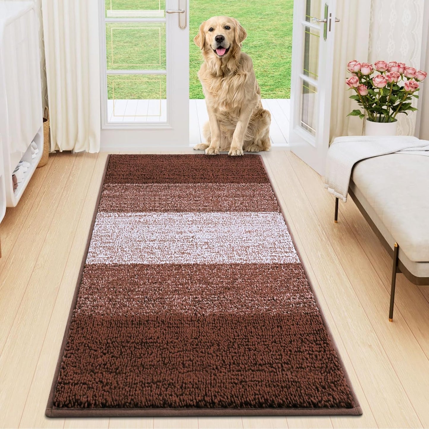 Smiry Dog Door Mat for Muddy Paws, Absorbs Moisture and Dirt, Low-Profile Entryway Mat with Non-Slip Backing, Entry Indoor Outdoor Doormat for Inside Floor (30x20 Inches, Grey, Striped)