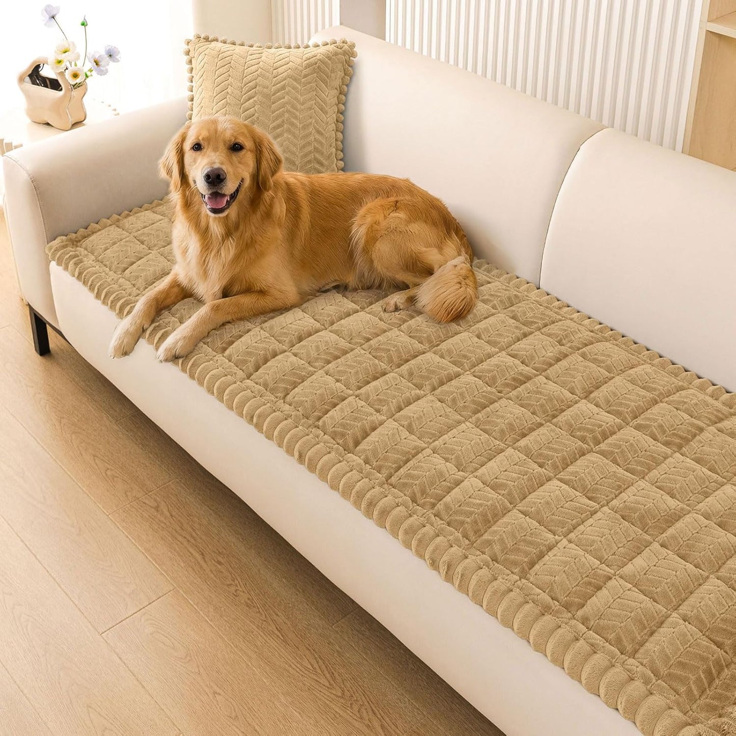 Smiry Non Slip Couch Covers for Dogs, Fuzzy Pet Couch Covers for 2-3 Cushion Sofa Pet Friendly, Soft Sofa Slipcovers Cushion Furniture Protector Washable (Beige, 27.6" x 59")