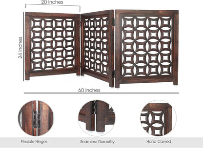 Wooden Foldable Pet Dog Safety Gate -3 Panels 20"Wx24"H- Hand Carved Solid Wood And MDF - Free Standing Portable Indoor Doorway Hall Stairs Dog Puppy Fence - Fully Assembled - Antique Brown -IRONGATE