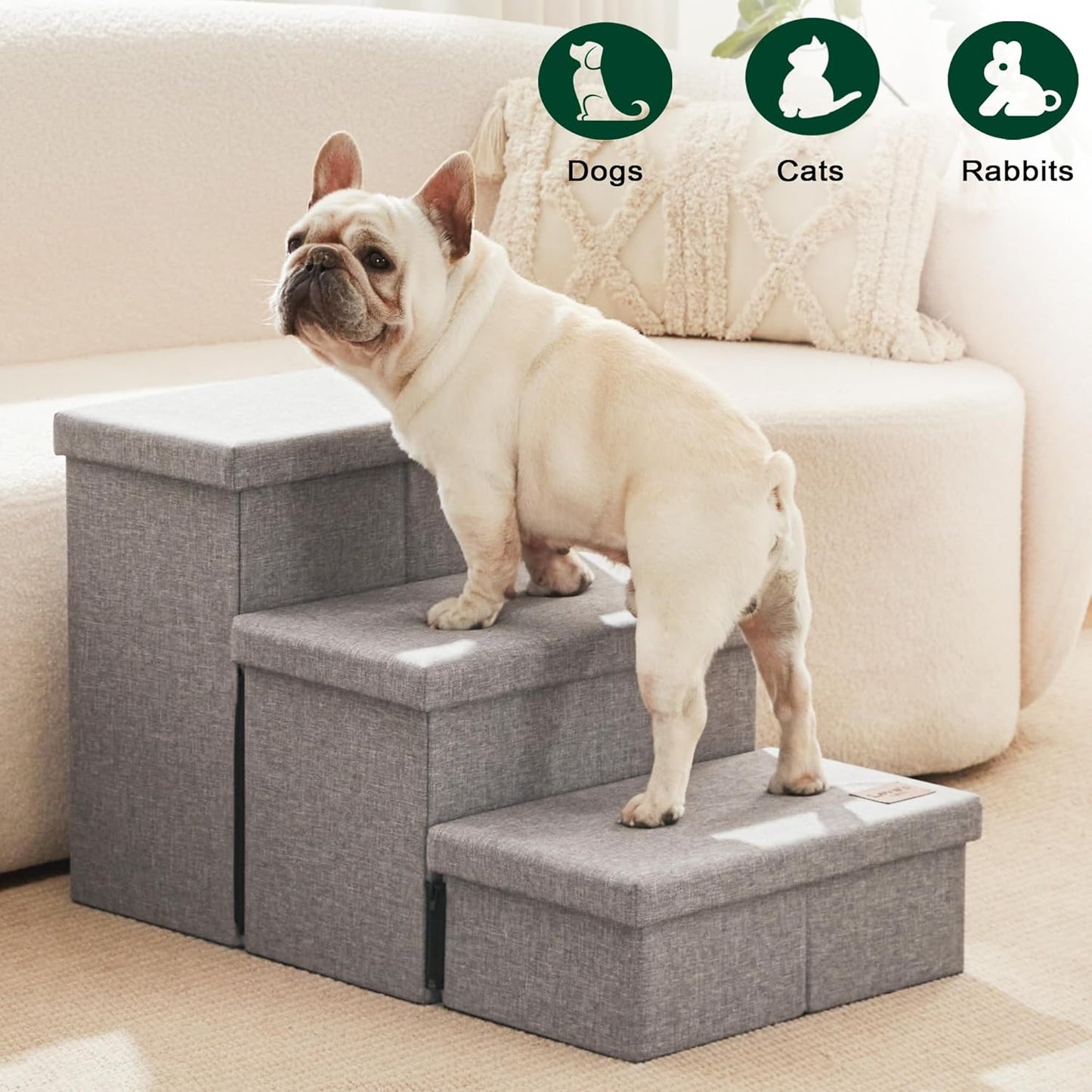 Love's cabin Dog Stairs with Storage 13" H, Foldable Pet Stairs for Small Medium or Large Dogs, Cat Puppy Steps Ramp with Zip up to 150 lbs, Solid Grey, 2 Steps