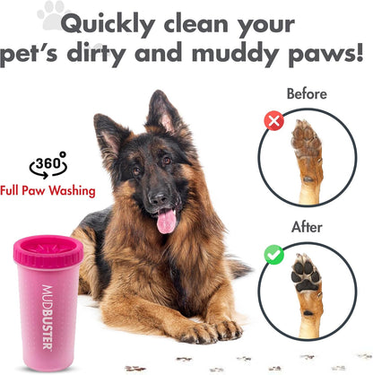Dexas MudBuster Medium Dog Paw Cleaner in Fuchsia - Fits 1.5"-2.5" Wide Paws, Portable Paw Washer for Muddy Paws, Dog Paw Cleaning Cup with Gentle Silicone Bristles, Quick Clean Pet Paw Washer