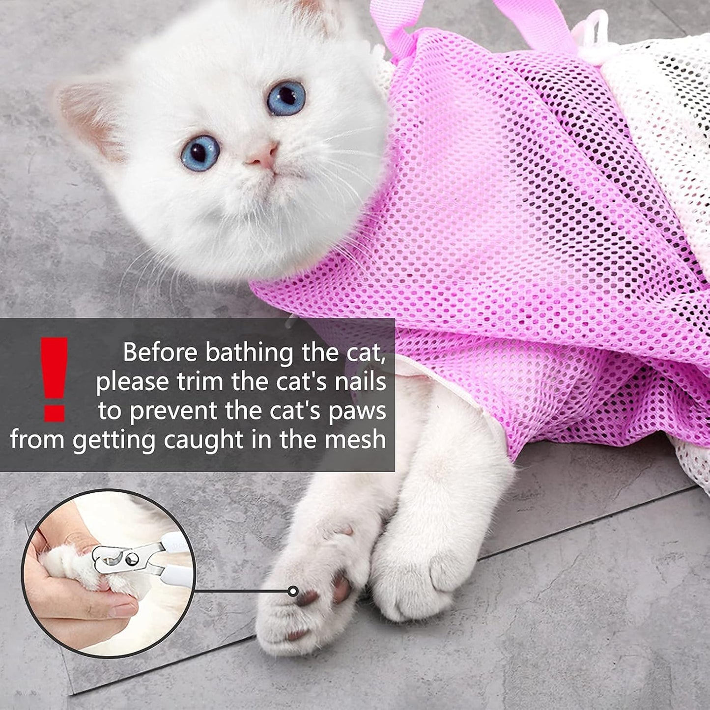 KlerRoem Cat Bathing Bag, Adjustable Anti-bite and Anti-Scratch Shower Mesh Grooming Bag for Pet Dogs, Includes Pet Nail Clipper, Nail File, Grooming Glove, and Cat Shell Comb