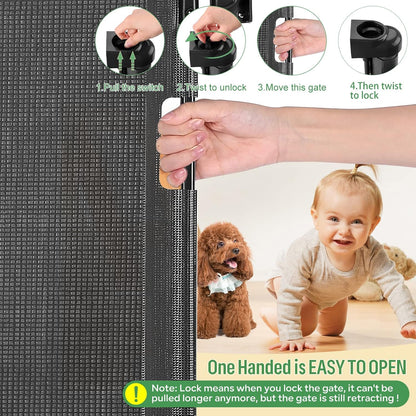 Upgraded Retractable Baby Gate, Extra Wide Safety Kids or Pets Gate, 33” Tall, Extends to 71” Wide, Mesh Safety Dog Gate for Stairs, Indoor, Outdoor, Doorways, Hallways(33”x71”, Black)