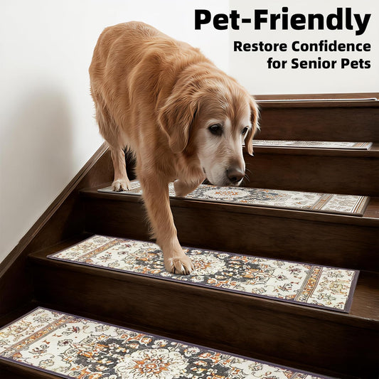 9" x 30" Extra Wide Stair Treads for Wooden Steps (15 Pack) - Non Slip Indoor Carpet Stair Runners for Dogs & Seniors - Ergonomic Anti-Slip Rugs for Hardwood, Peel & Stick, Washable, Brown