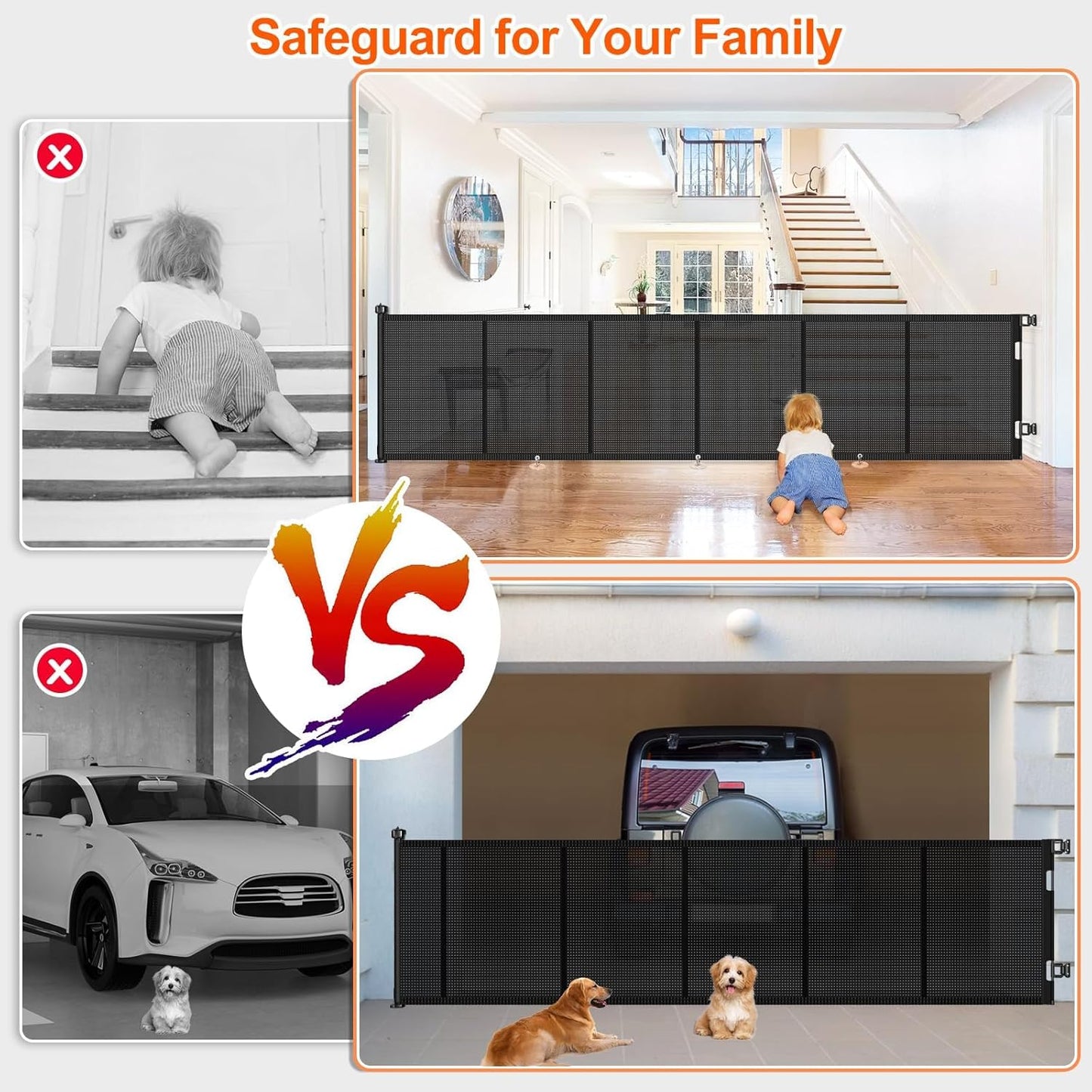 Upgrade 120 inch Retractable Baby Gates, EZIGO Extra Wide Baby Gate for Large Opening Extra Long Mesh Gate for Kids or Pet Dog Gate Child Safety Gate for Stairs Hallways Doorway Indoor Outdoor, Gray