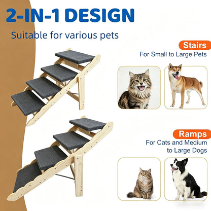 Wooden Dog Stairs, 2-in-1 Floded Flat Design Dog Steps for Beds Cars Couch, Anti-Slip Pet Ramp with 3 Steps, Indoor Pet Stairs for Small Medium Large Pet, up to 150 lbs