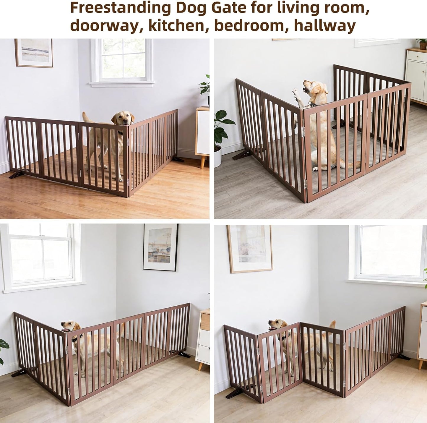 ZJSF Freestanding Indoor Dog Gate for House Foldable Wood Puppy Gate for Doorways Pet Gate for Stairs Extra Wide Pet Fence, Brown, 24" Height 3 Panels