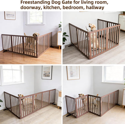 ZJSF Freestanding Indoor Dog Gate for House Foldable Wood Puppy Gate for Doorways Pet Gate for Stairs Extra Wide Pet Fence, Brown, 24" Height 3 Panels