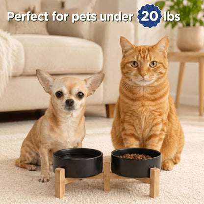 SPUNKYJUNKY Elevated Dog Bowls Ceramic, 6.1'' Dogs and Cat Food Water Bowls Raised with Non-Slip Bamboo Stand for Medium Sized Breed Microwave Dishwasher Safe - 28.7 OZ,Beige