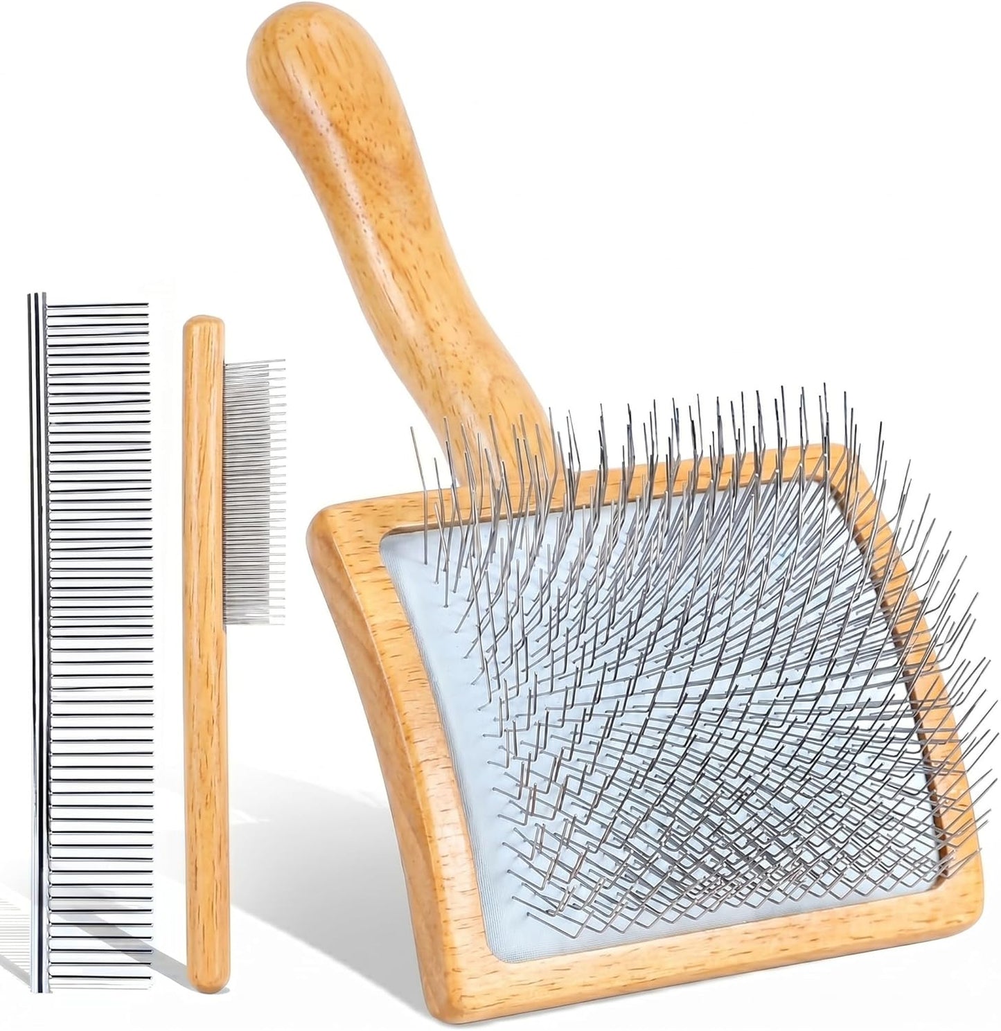 Slicker Brush for Dogs, Large Dog Grooming Brush for Doodles Goldendoodles Poodles Labradoodle Bernedoodles, Long Combs to Wavy & Curly Hair - Wooden Handle 3 Pcs - Nature