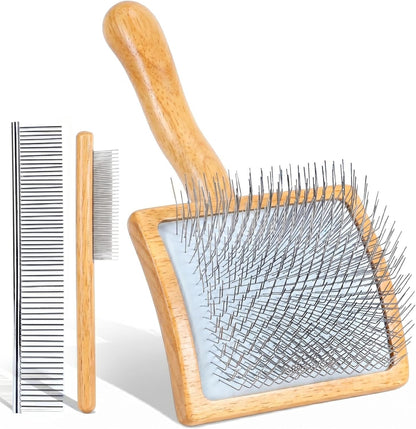 Slicker Brush for Dogs, Large Dog Grooming Brush for Doodles Goldendoodles Poodles Labradoodle Bernedoodles, Long Combs to Wavy & Curly Hair - Wooden Handle 3 Pcs - Nature