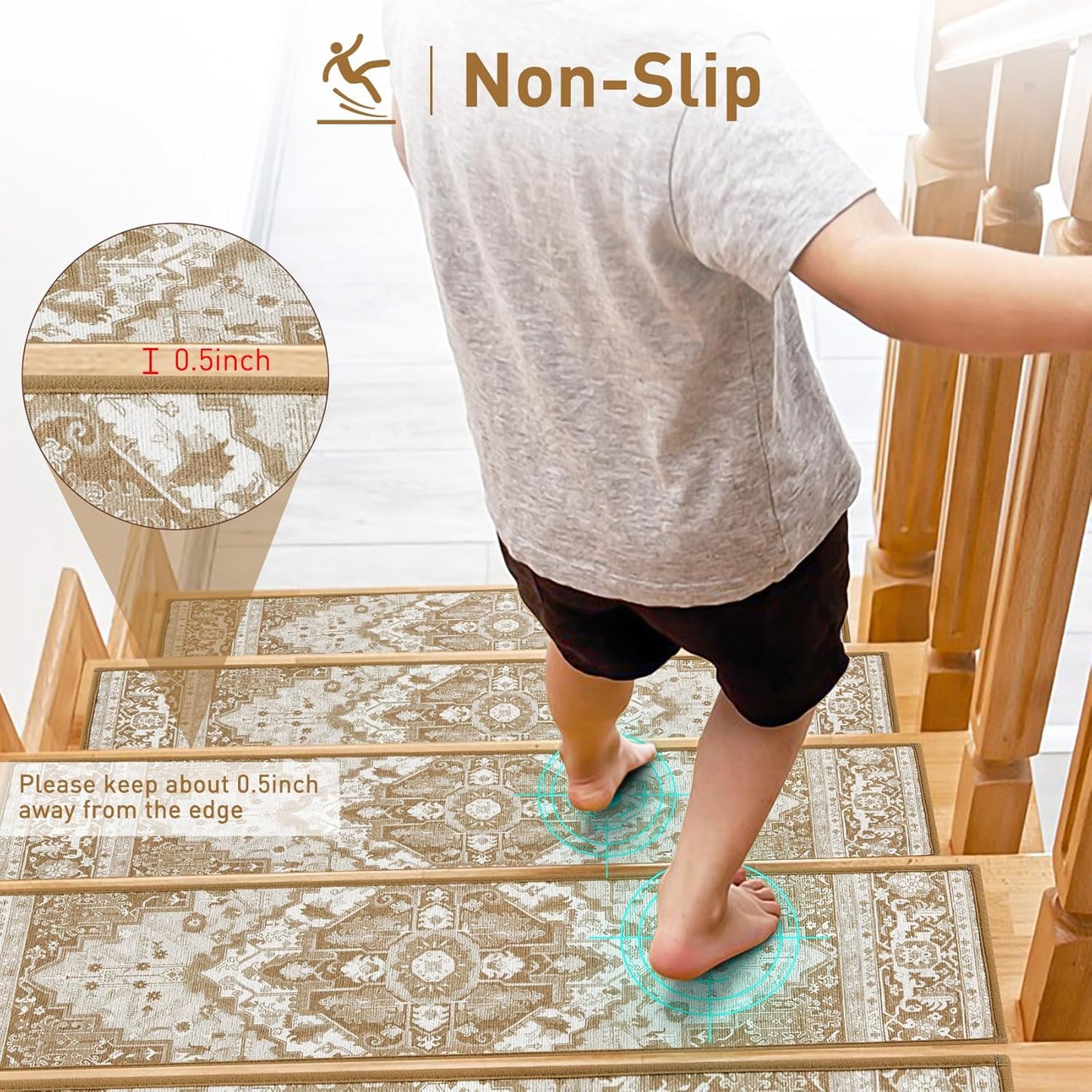 Stair Treads for Wooden Steps Indoor, 15 Pack 8" X 30" Non Slip Carpet Stair Treads with Reusable Adhesive for Kids Elders and Dogs, TPR Backing Stair Rugs Oriental Staircase Step Treads,Bohemia