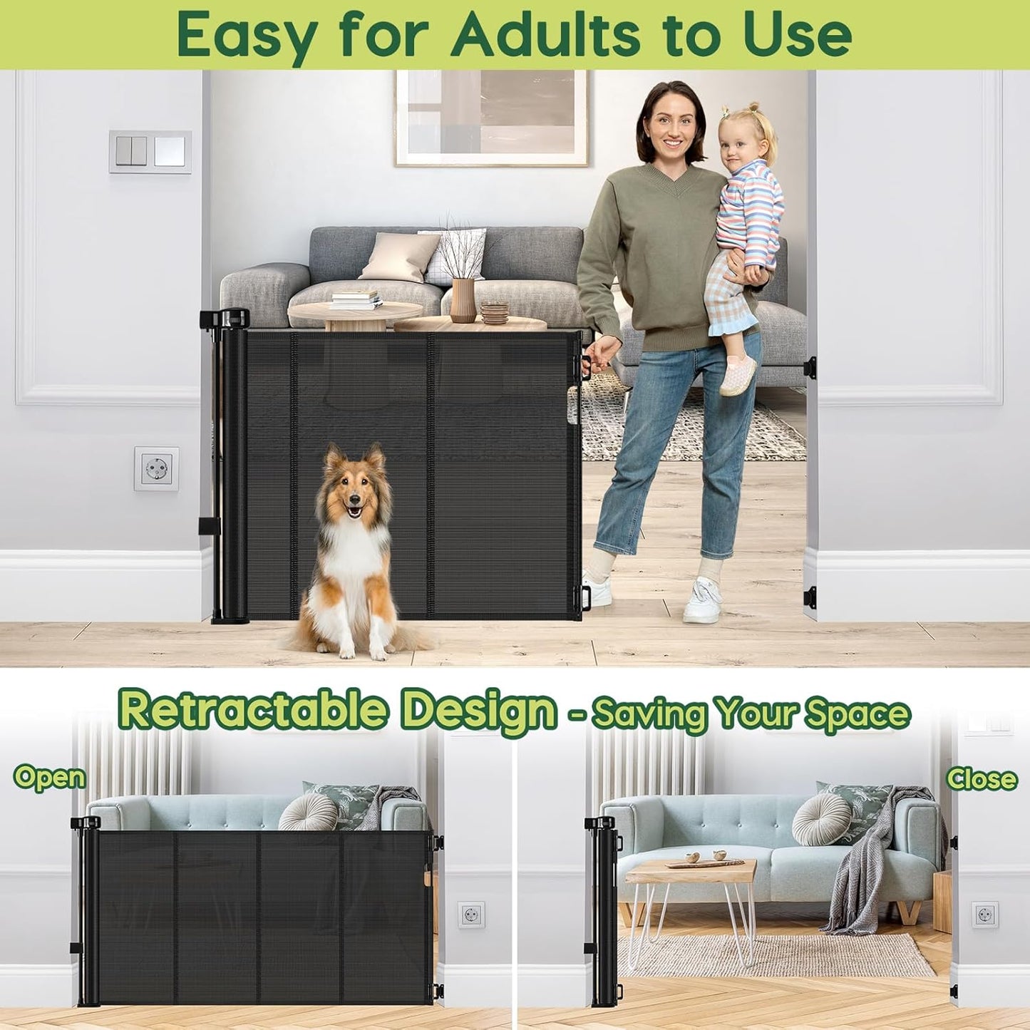 Reinforced 80 Inch Retractable Baby Gate Extra Wide Baby Gate for Wide Openings, Indoor/Outdoor Retractable Dog Gate for Doorway, Mesh Dog Gate Indoor Prevent Babies/Pets from Crawling Under, Black