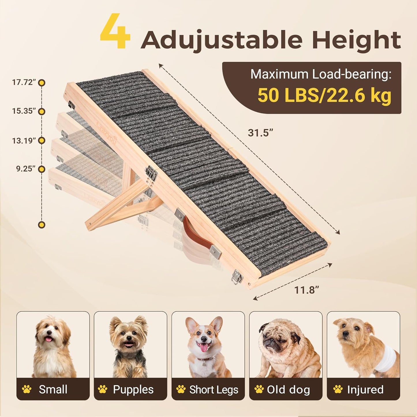 Foldable Dog Ramp for Bed & Couch, Portable Dog Stairs for Small Dogs with 4 Adjustable Heights from 9.25'' to 17.72", Wooden Pet Ramp Steps with Non-Slip Pad for Sofa