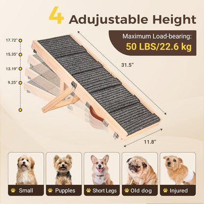 Foldable Dog Ramp for Bed & Couch, Portable Dog Stairs for Small Dogs with 4 Adjustable Heights from 9.25'' to 17.72", Wooden Pet Ramp Steps with Non-Slip Pad for Sofa