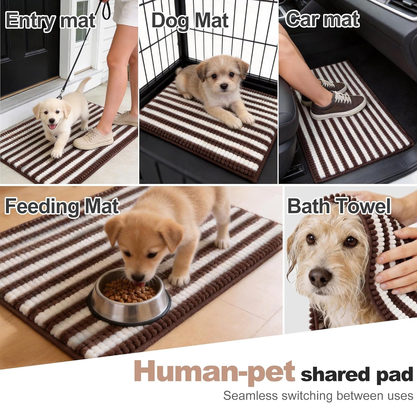 pobopobo Dog Door Mat for Muddy Paws - Absorbent & Washable Chenille Rug, Non-Slip Dirt Trapper for Indoor Outdoor Entryway, Quick Dry Pet Mat for Muddy Dogs (Striped Gray-Blue&White, 24" x 16")
