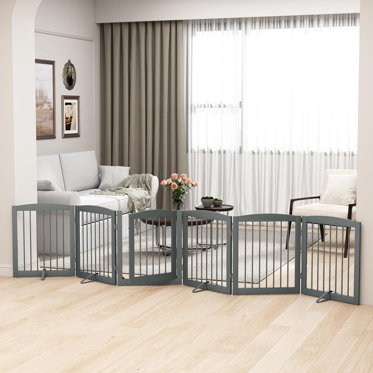 PUPETPO Freestanding Dog Gate with Door, Pet Gate for Stairs, 80 inch Wide Pet Barrier Indoor, Dog Fences Indoor, Support Feet Included, 4 Panels, 24" Tall, Dark Brown
