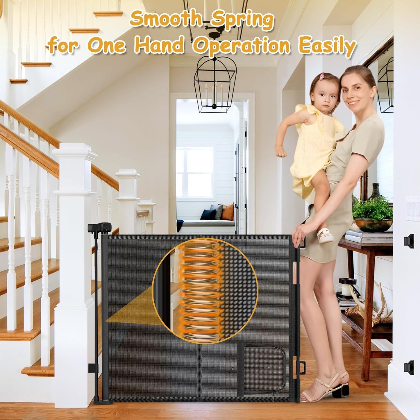 Reinforced 60” Wide Retractable Dog Gate with Cat Door Gates for Pets with Reinforced Strips 33” Tall Mesh Baby Gate Retractable Pet Gates for Dogs Indoor with Door Cats Can in and Out Freely, Gray
