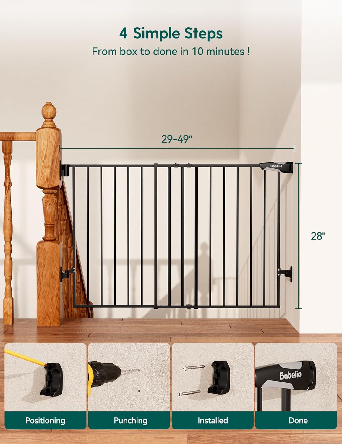 Babelio Baby Gate for Stairs, Kitchen & Doorways, 26-43" W 28" H No Bottom Bar| Easy Installation| One-Handed Operation| Auto-Close| Hardware Mount (Drill Needed) Safety Dog/Pet Gate Indoor (White)