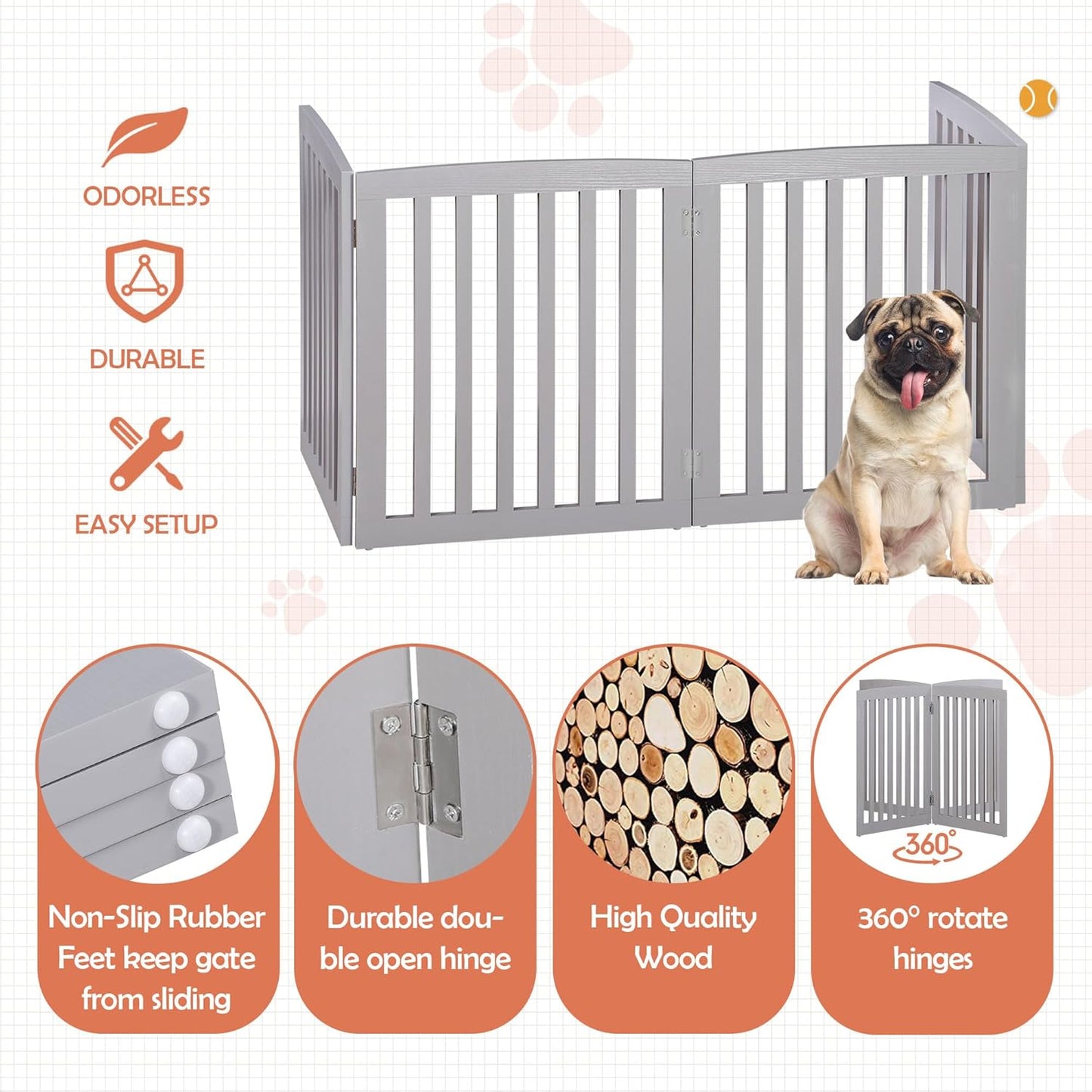 Freestanding Pet Dog Gate 36 Inch Foldable Fence Indoor 3 Panel Extra Wide Wooden Dog Door for Stairs Hallways Doorways