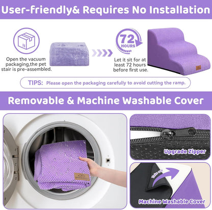 Zerbuger Dog Ramp and Stair for Bed 16" H-20 H,3-Step Cat Stair for Sofa and Chair,4-Step Dog Ramp for High Bed and Window,Durable Nonslip Fabric Cover for Indoor (Purple-20 H, Pet Friendly, 4)