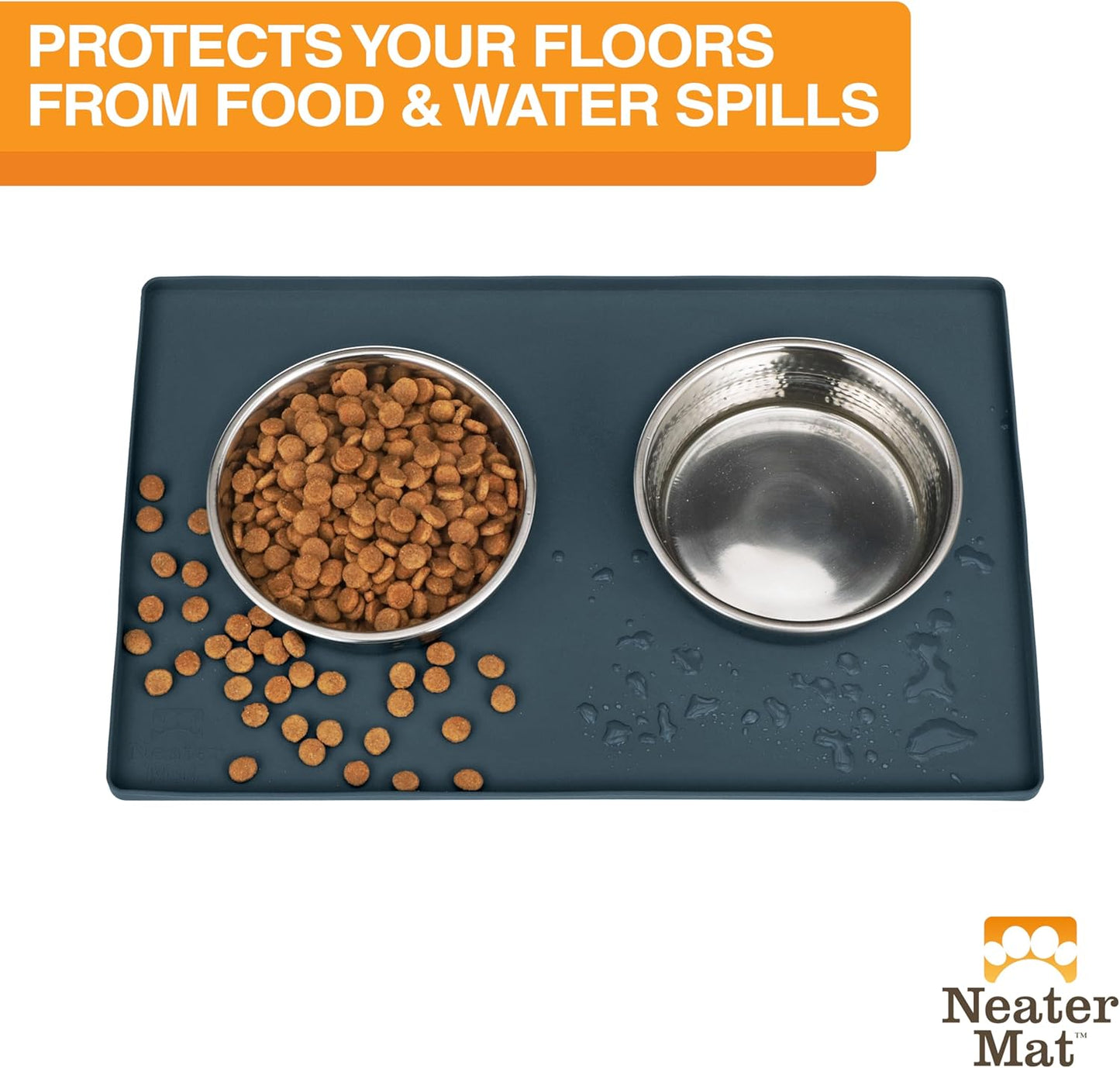 Neater Pet Brands Neater Mat Cat & Dog Food Mat, Waterproof & BPA-Free Silicone Placemat with Raised Edge for Under Food and Water Bowls, 19" x 12", Gunmetal Grey
